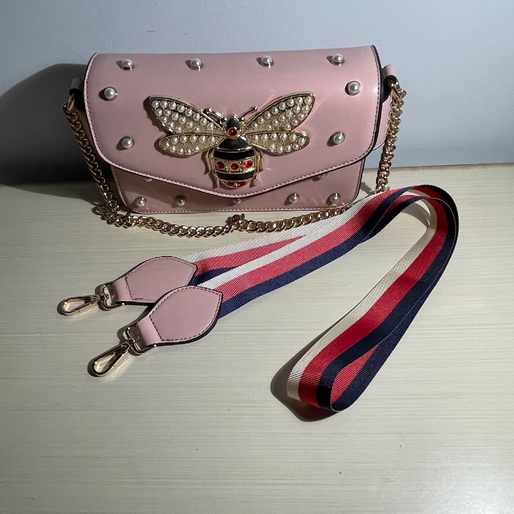 Pink Purse With Faux Pearls With  A Large Embellished Bee Design -2 Straps